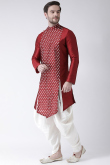 Deep Red Printed Dupion Silk Side Slit Men's Kurta With Dhoti 