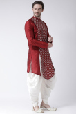 Deep Red Printed Dupion Silk Side Slit Men's Kurta With Dhoti 