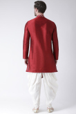 Deep Red Printed Dupion Silk Side Slit Men's Kurta With Dhoti 