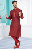 Deep Red Silk Straight Cut Men Kurta Pajama with Lace embroidery