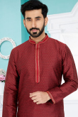 Deep Red Silk Straight Cut Men Kurta Pajama with Lace embroidery