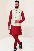 Deep Red Silk Men Kurta Pajama With Embroidered Jacket