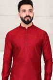 Deep Red Silk Men Kurta Pajama With Embroidered Jacket