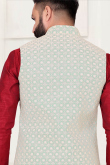 Deep Red Silk Men Kurta Pajama With Embroidered Jacket