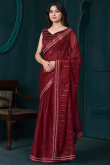Deep Red Silk Organza Saree With Sequins Work For Diwali Wear