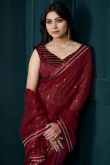 Deep Red Silk Organza Saree With Sequins Work For Diwali Wear