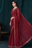 Deep Red Silk Organza Saree With Sequins Work For Diwali Wear