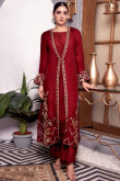 Deep Red Silk Palazzo Suit With Embroidered Jacket