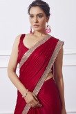 Deep Red Stone Embellished Chinnon Saree For Sangeet 