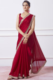 Deep Red Stone Embellished Chinnon Saree For Sangeet 