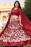 Deep Red Tussar Silk Lehenga with Printed Work for Diwali