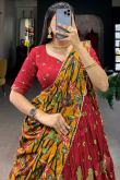 Deep Red Tussar Silk Lehenga With Printed Work For Diwali