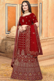 Deep Red Velvet Embroidered Panelled Lehenga