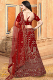 Deep Red Velvet Embroidered Panelled Lehenga