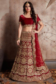 Deep Red Velvet Embroidered Panelled Style Lehenga