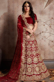 Deep Red Velvet Embroidered Panelled Style Lehenga