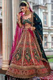 Deep Red Velvet Stone Embroidered panelled Lehenga 