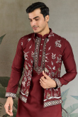 Deep Red Viscose Silk Men's Kurta Pajama With Embroidered Jacket