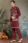 Deep Red Viscose Silk Men's Kurta Pajama With Embroidered Jacket