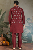 Deep Red Viscose Silk Men's Kurta Pajama With Embroidered Jacket
