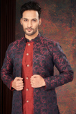 Deep Red Waeved Thread Jacket Style Silk Men's Sherwani 