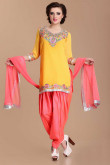 Designer Yellow Pink Patiala Suit with Resham Embroidered Neck