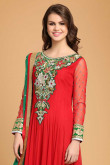 Red Polyester Net Churidar Suit