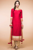 Ruby Red Chanderi Silk Straight Pant Suit With Zari Work for Eid
