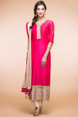Hot Pink Taffeta Silk Kurti With Eid Trouser and Dupatta