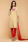 Beige Silk Embroidered Straight Pant Suit