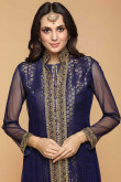 Resham Embroidered Silk Net Spacecadet Blue Straight Pant Suit for Eid