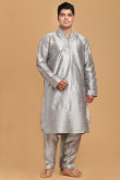 Grey Dupion Silk Pathani Suit for Eid Festival