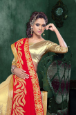 Beige And Red Georgette And Net Saree With Art Silk Blouse