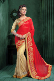 Beige And Red Georgette And Net Saree With Art Silk Blouse
