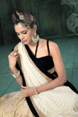 Beige And White Net Saree With Velvet Blouse