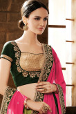 Parrot green, green and pink Chiffon, net and velvet Saree With Dupion Blouse