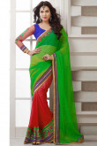 Green with Pink and Red Georgette Saree