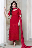 Red Georgette Churidar Suit and Red Dupatta