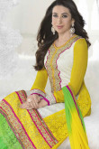 Cream Yellow Net Churidar Suit with Chiffon Dupatta