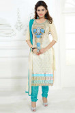 Cream Cotton And Georgette Churidar Suit With Dupatta