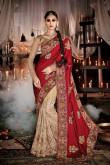 Red and beige Satin Saree With Brocade Blouse