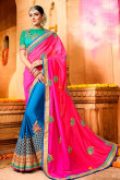 Stylish Pink And Blue Net And Silk Saree With Banglori Silk Blouse