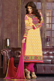 Yellow Cotton Churidar Suit with Rani Chiffon Dupatta