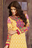 Yellow Cotton Churidar Suit with Rani Chiffon Dupatta