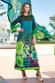Firozi green Chanderi chiffon and cotton Trouser Suit With Dupatta