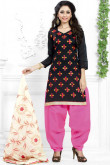 Black Cotton Patiala Suit With Embroidered Dupatta