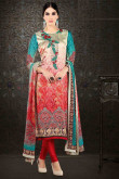 Cream And Red Crepe & Satin Churidar Suit With Dupatta