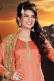 Orange Handloom Silk Churidar Suit With Embroidered Dupatta