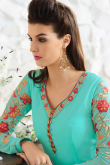 Sea green Georgette Churidar Suit With Patch embroidered Dupatta