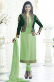 Bollywood Celebrity Apple Green Georgette Churidar Suit